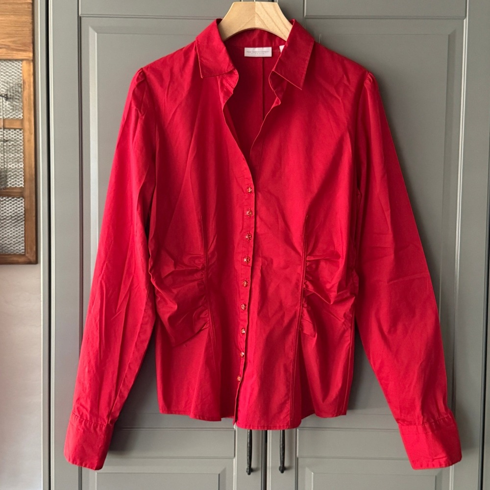 NEW YORK & COMPANY Vintage Ruched V‎ Neck Ruby Button Up Shirt, Red, M